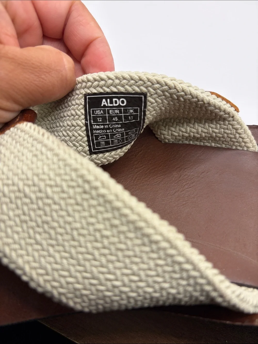 Aldo Brown Leather Footbed with Cream Woven Strap Flip Flops size 12